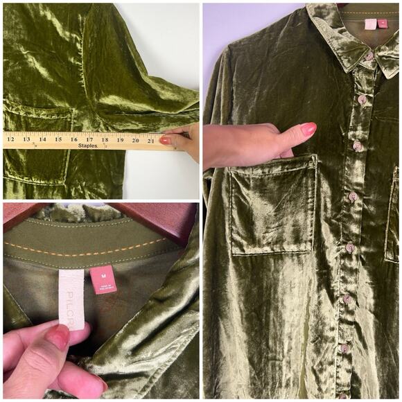Pilcro Anthropologie Relaxed Velvet Green Mustard Buttondown Shirt Sz M - Picture 11 of 13